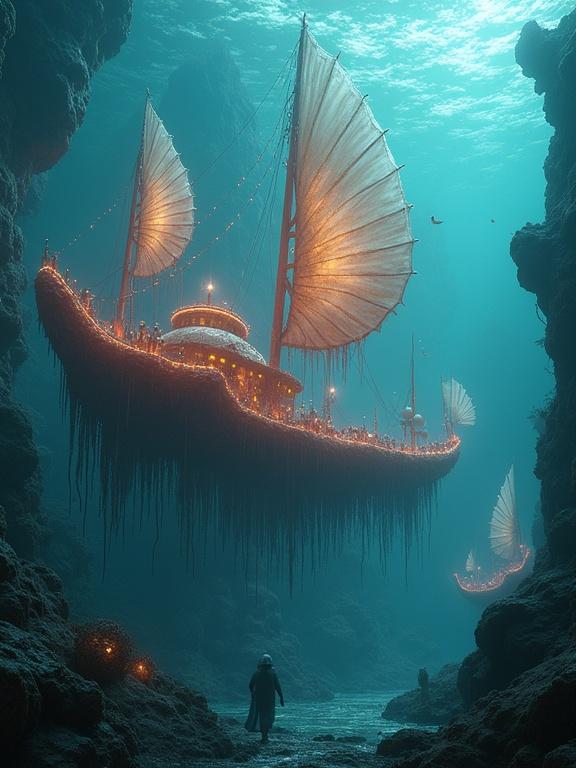 Nomadic civilization travels ocean floor in colossal bioluminescent fungal structures. Sails made of delicate fungal membranes capture currents. Families live in hollowed spaces of organic transports. Hyperrealistic style, reminiscent of H.R. Giger and Syd Mead, cosmic horror and psychedelic flair. High resolution, Artstation trending, rendered in Cinema 4D, Behance HD, polished metal, Unreal Engine 5.