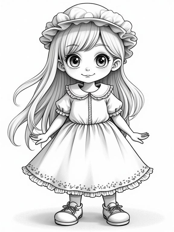 A cute character styled for children to color in. The character has long hair, a dress with lace details, and a friendly expression.