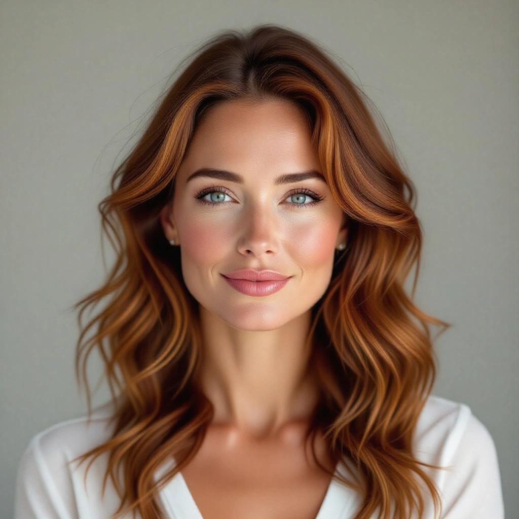Photorealistic portrait of a confident woman. Features fair skin with a natural texture. Long wavy red hair with copper tones. Strong cheekbones and full lips. Blue eyes with a serious expression. Wearing a dark grey bodysuit. Set against a plain light grey background. Effortlessly posed, head tilted left.