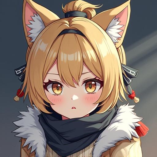 Anime character with cat ears. Blonde hair styled with a fringe. Wearing a scarf and winter outfit. Facial expression shows surprise or concern. Background is soft and muted.