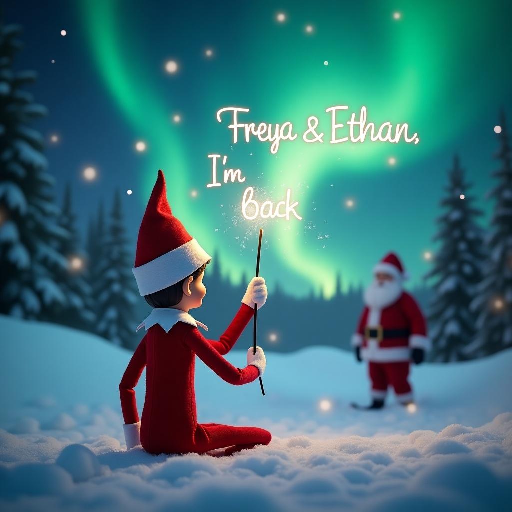 Adorable elf positioned away from viewers. Elf faces stunning northern lights. Elf holds wand, writing in air. Text says 'Freya & Ethan, I’m back'. Background includes snow and Santa Claus. Festive and magical atmosphere.