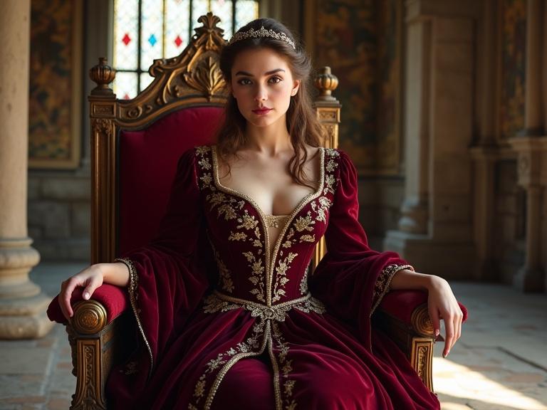 A beautiful princess sits on a richly decorated throne in a grand hall. She wears a deep burgundy gown with gold embroidery. Her expression is delicate with a slight smile. The room features stone columns and stained glass windows. Sunlight filters inside. A majestic atmosphere with historical realism.