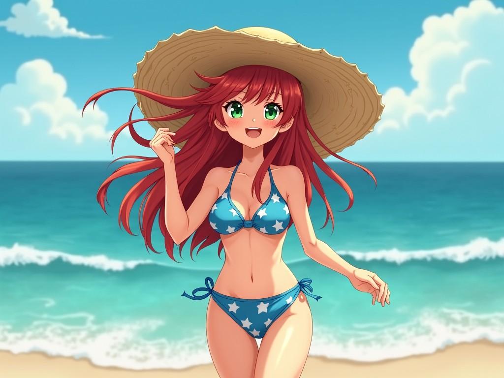 This image depicts an anime-style character enjoying a sunny day at the beach. The character has long red hair and vibrant green eyes, wearing a blue bikini with white stars and a large straw sunhat. The background showcases a clear blue sky with fluffy clouds and a calm ocean, epitomizing a perfect summer's day.