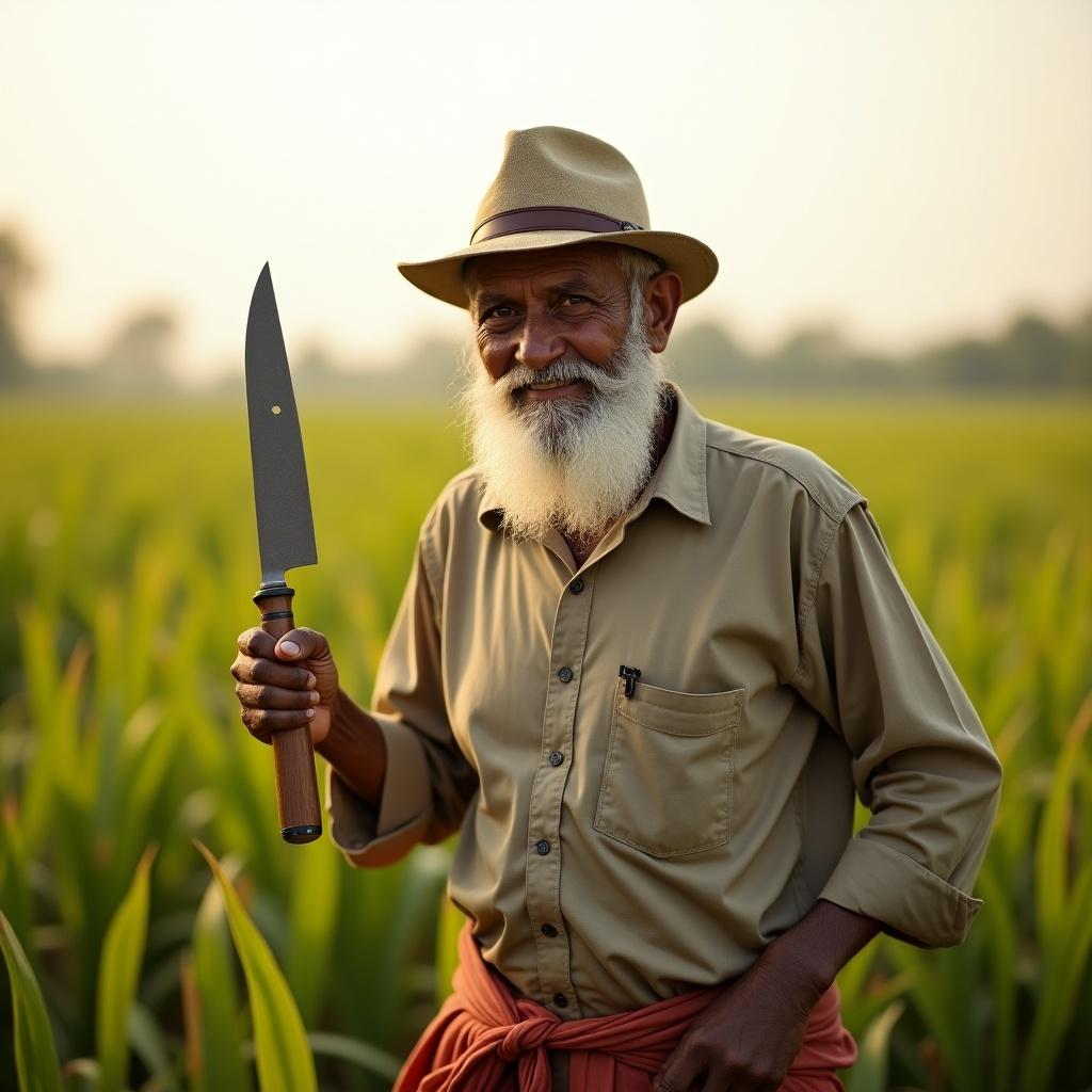 Happy old Bengali farmer smiling while holding a knife in a crop field.