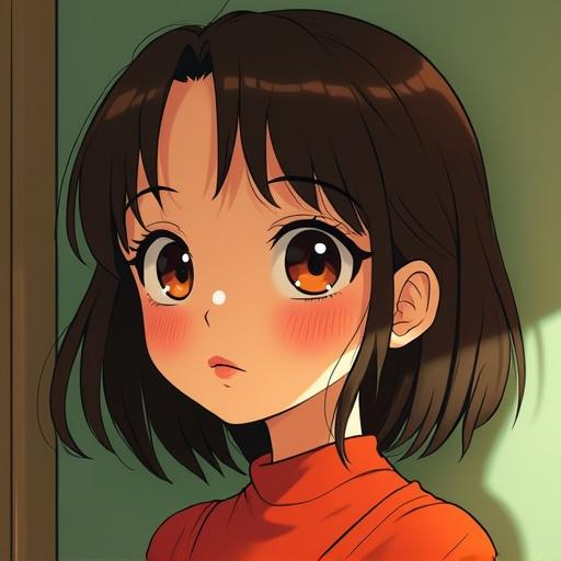 Dreamy anime portrait featuring a character with short brown hair and large eyes. Character wears a red top against a soft background. Color palette includes brown, tan, orange, red, black, and green.