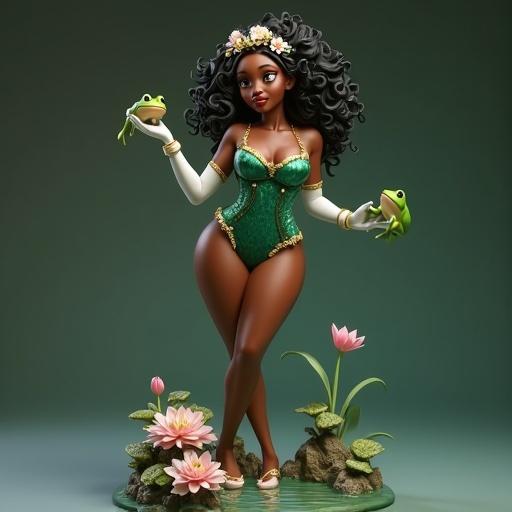 Ultra-detailed hyper-stylized resin figure of beautiful dark-skinned woman inspired by Disney's Princess Tiana. She stands with a curvy body, slightly leaning forward, holding a frog in a gloved hand. Wearing an emerald green corset, the design includes gold details and a short skirt. Her curly hair has a floral tiara. Expression conveys charm, sensuality, and confidence. The base features rocks and flowers with water lilies and reflections.