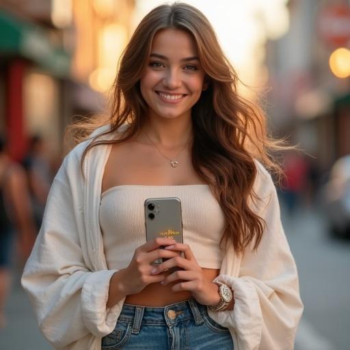 Candid street-style photograph of young female influencer with chestnut hair wearing crop top and oversized jacket. She smiles holding smartphone showing "Sunset Vibes". Background features blurred vibrant urban street with gold hour lighting.