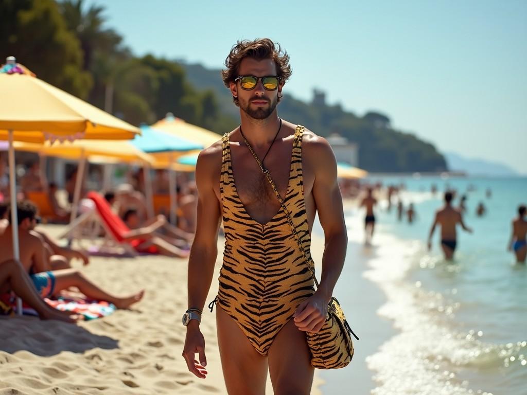 A man confidently walks along a sunlit beach, donning a distinctive tiger-striped one-piece swimsuit with matching accessories. Brightly colored umbrellas and beachgoers enjoying the seaside form a vibrant, lively background. The warm sunlight and beach setting exude a relaxed and fun vibe, while the man's fashion choice adds a unique and playful touch.