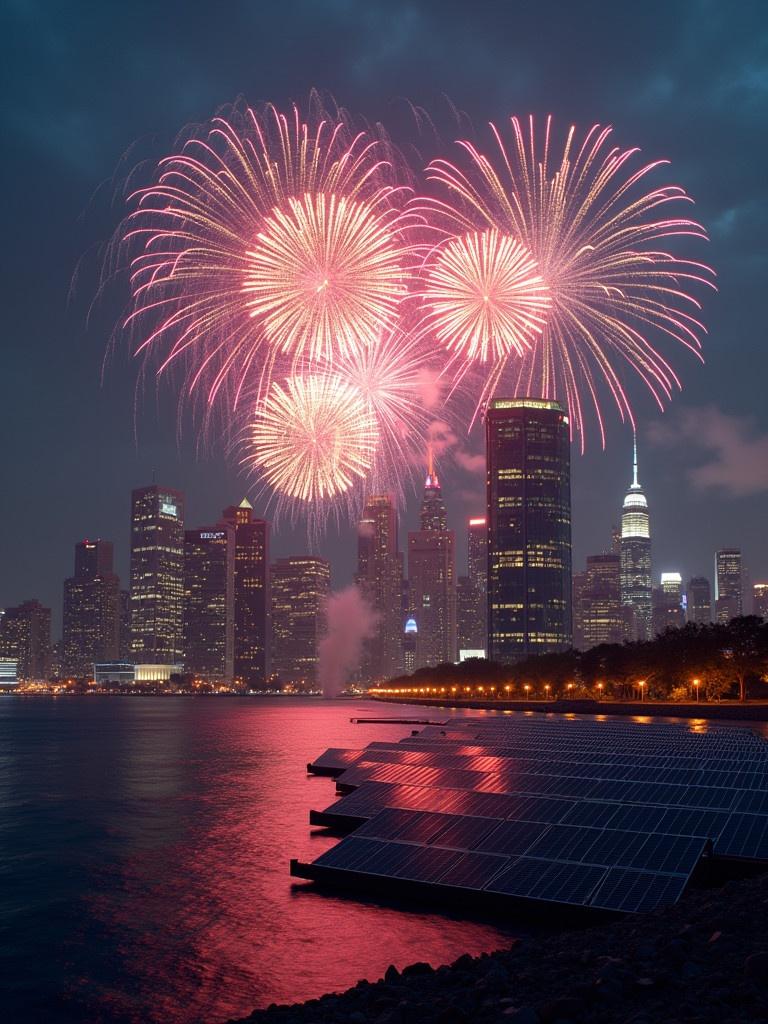 A city skyline during New Year's Eve with vibrant fireworks in the background. Solar panels reflect the colors of the fireworks on water. Iconic skyscrapers light up the night sky. The atmosphere is festive and celebratory.