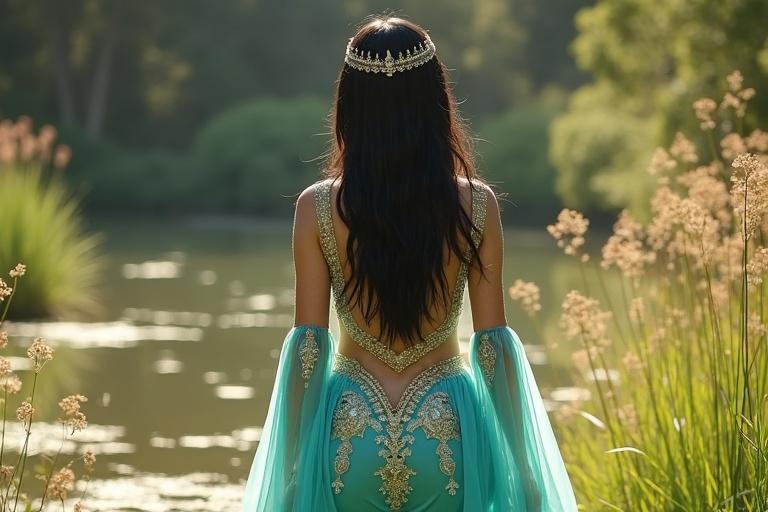Medium rear shot tall model in turquoise Arabian princess outfit with gold embroidery and sheer overlay pants. Shiny black hair. Bold jeweled headpiece. Walking through glowing grass by pond. Soft smile.