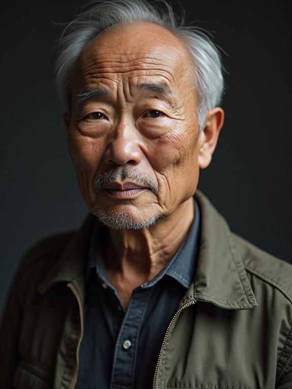 Analog image of an elderly Asian male featuring detailed facial expressions and presence.