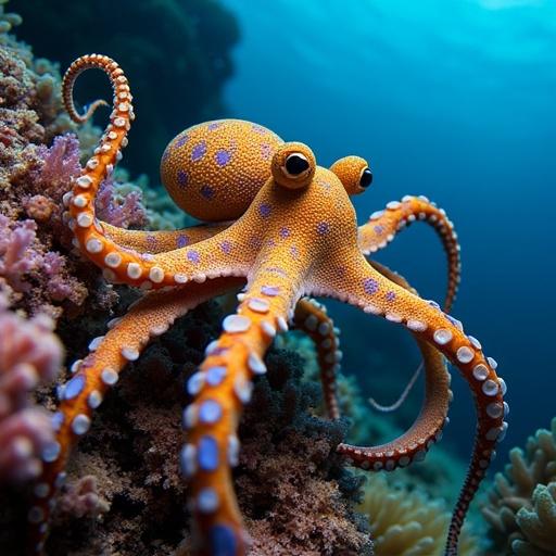 A vibrant gold and blue splotched octopus skitters over a coral reef. The scene is teeming with life. The photo has a professional quality.