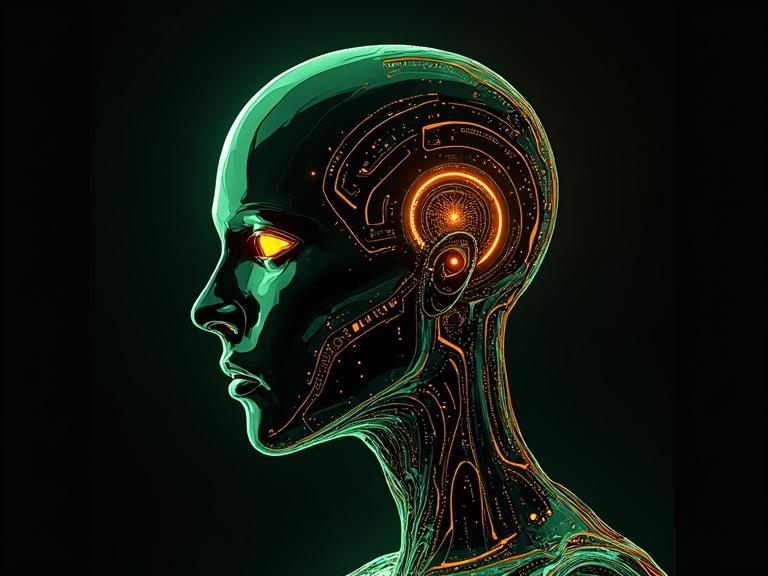 Vector style robot head with neon green and neon orange colors. 3D illusion created with long line patterns.