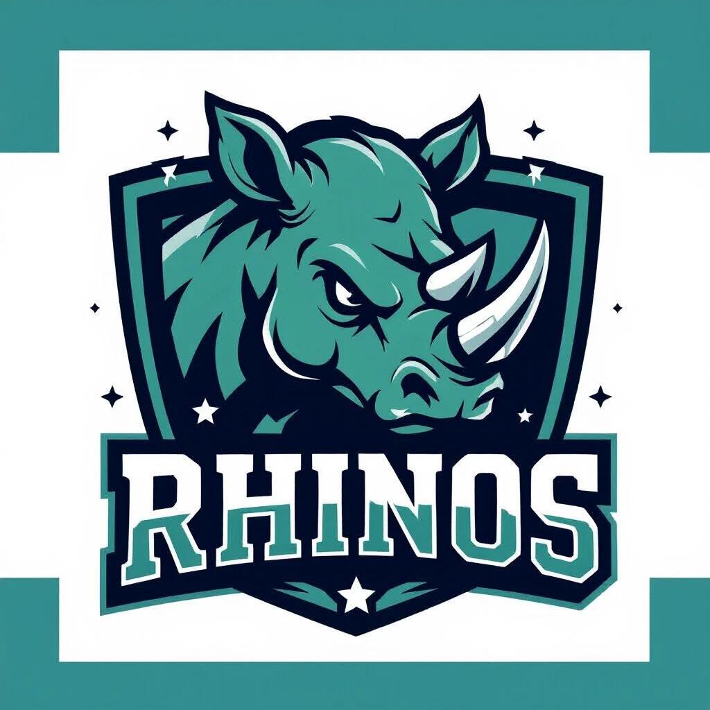 Logo design for a local football team named Rhinos. Features a strong stylized rhino head from a three-quarter view. Logo includes the word Rhinos in large letters below the icon. Color palette includes green blue and white. Design includes stars and shield shapes. Center-aligned with a symmetrical layout.