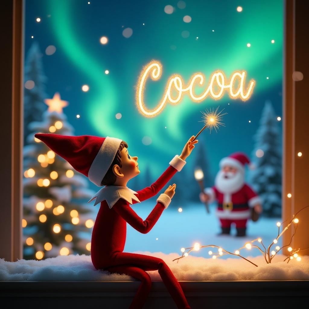 This enchanting image showcases a tan elf on the shelf writing 'Cocoa' in the snow with a magical wand. The scene captivates with luminous northern lights illuminating the night sky, creating a festive atmosphere. The elf, seated with its back to the viewer, gazes upward, filled with wonder. In the backdrop, Santa Claus adds to the whimsical charm of the Christmas setting. The atmosphere is warm and inviting, pulling viewers into a world of holiday magic and joy.