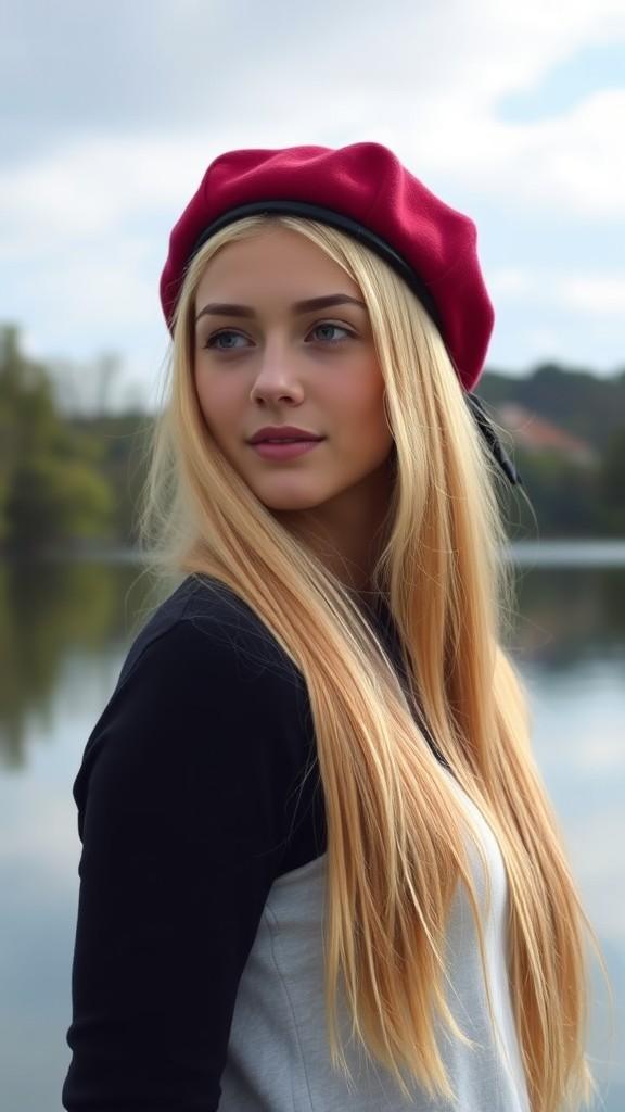 A person wearing a red beret stands by a tranquil lake, looking towards the horizon.