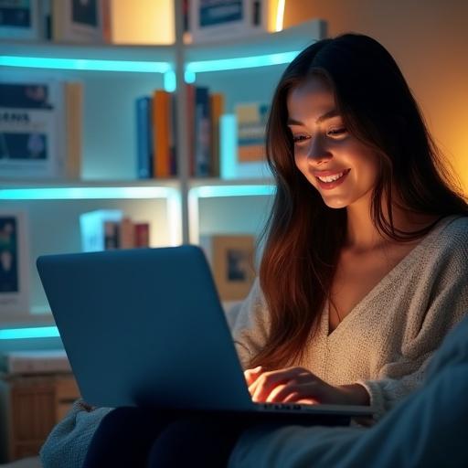 Create a digital promotional image featuring a young woman browsing English courses. She has Latin American features and is in a cozy modern space. The background includes a glowing digital library with labeled folders for various English courses. Use warm lighting with vibrant colors. Include Spanish text that promotes unlimited learning courses.