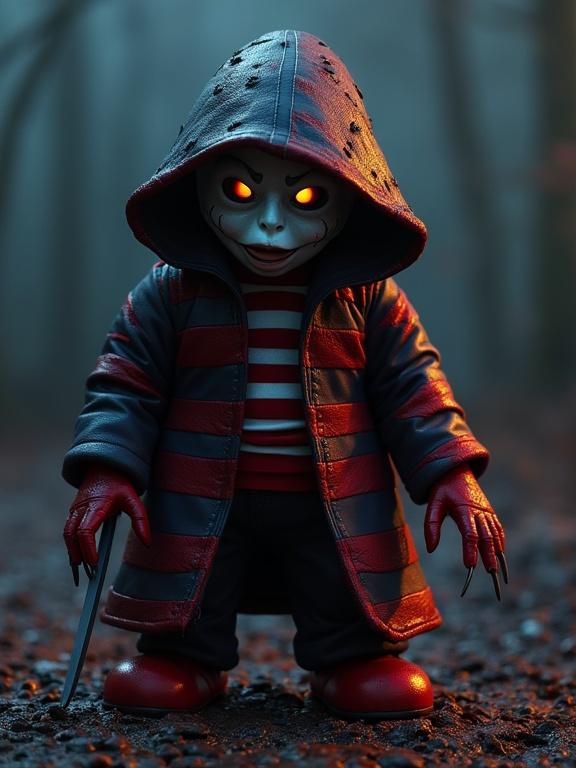 A unique doll resembling Pingu dressed in Freddy Krueger's iconic outfit. The doll features a hooded coat, red stripes, and glowing eyes. It stands in a dark, foggy forest setting. The artwork showcases intricate details and vibrant colors.