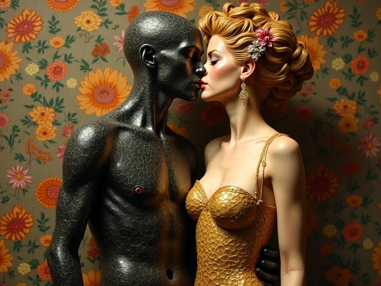 Artistic sculpture featuring a mannequin and a figure with elaborate details. Warm lighting enhances features of the golden dress and the textured body. Background adorned with floral patterns creates a harmonious environment.