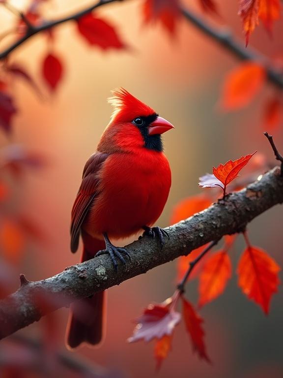 Vibrant red cardinal perched on tree branch. Surrounding branch has glowing red leaves. Autumn scene presents warmth and beauty of nature. Fall crafted a tale around the cardinal.