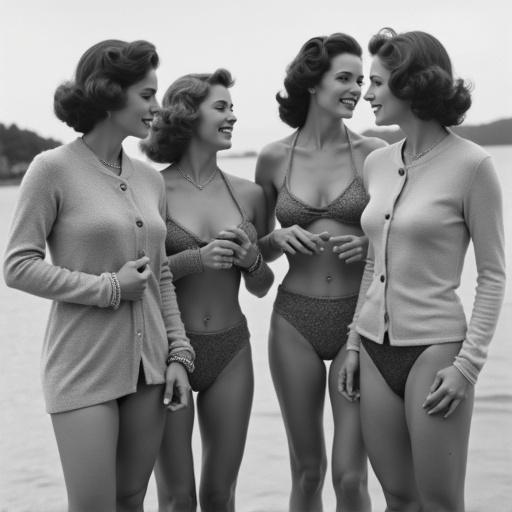Women wear bikinis and short unbuttoned cashmere cardigans in 1958. Round collars and long tight sleeves are featured.