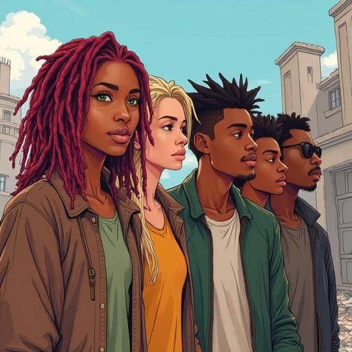 Illustration of a diverse group of friends. A Black woman with pink hair and green eyes. A white woman with blonde dreadlocks and brown eyes. Two serious twin men. Two younger men, one with Asian features. Set in a ruined, post-apocalyptic city.