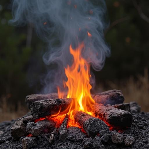 Image depicts a campfire with flames rising. Burning logs emit smoke. The setting is outdoors with natural surroundings.