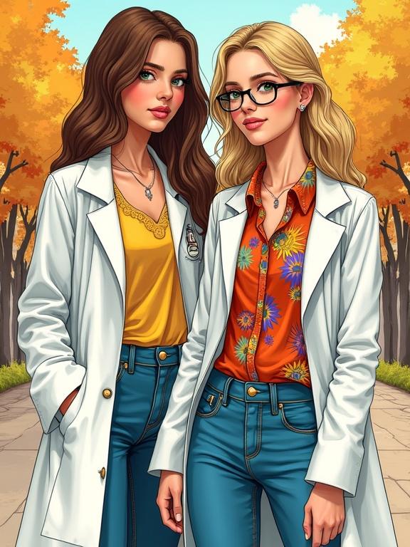 Two college-age women in doctor's coats pose together in a warm, vibrant setting. One woman has brown hair and green eyes and the other is taller with blonde hair. The blonde wears colorful attire that contrasts with the white coats. The image is richly detailed and artistically rendered.