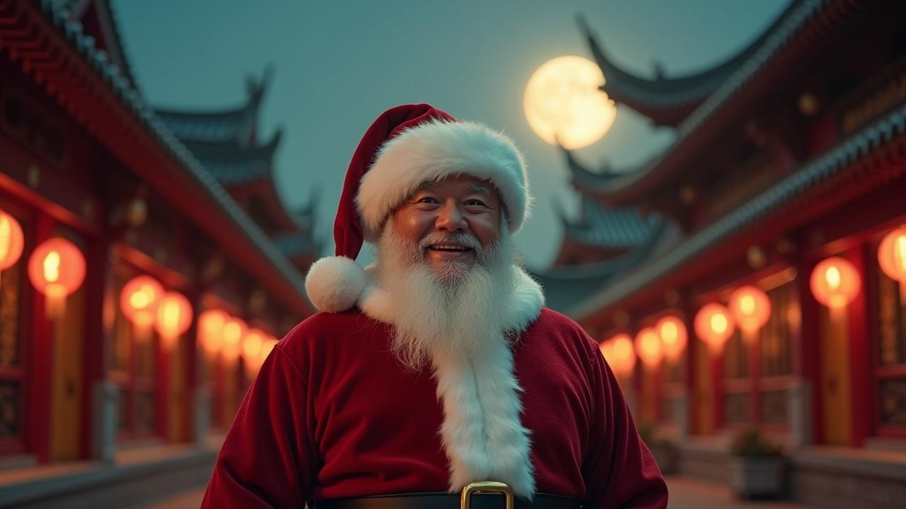 Cinematic image features Santa standing in front of traditional Chinese temple. Smiles warmly to camera. End of day under bright moonlight during magic hour. Hyper-realistic. Shot on Arriflex.