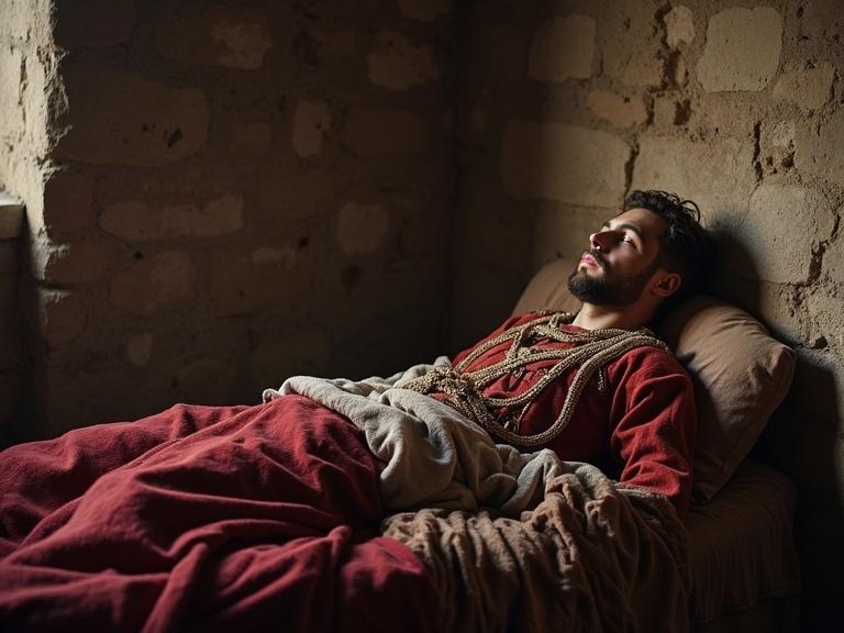 Interior of a Galician house. Someone in medieval clothing lays on a bed. The atmosphere suggests the soul abandoning the body.