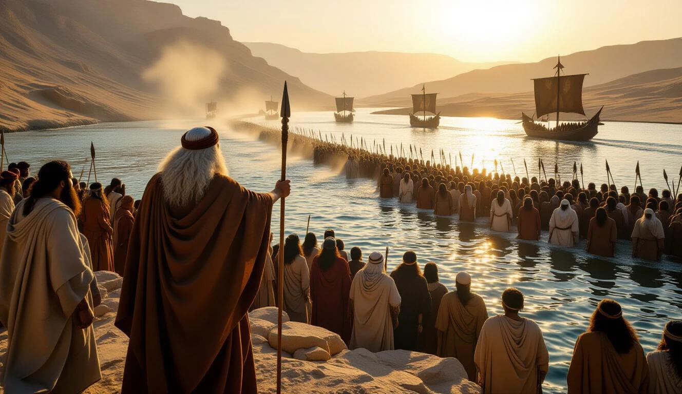 Moses views the crossing of the Red Sea. Hebrews finish crossing. Egyptians caught in the water. Soft light on the Hebrews. Dark shadows on the Egyptians. Symbolic composition emphasizes the moment. Vertical orientation.