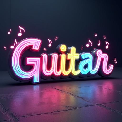 Vibrant 3D illustration of the name 'Guitar'. Dazzling rainbow-neon metallic lettering. Spectrum of colors from electric pink to aqua blue. Scattered rainbow-neon musical notes. Dark grey textured background. Soft diffused lighting emphasizes glow by Marchi 10.