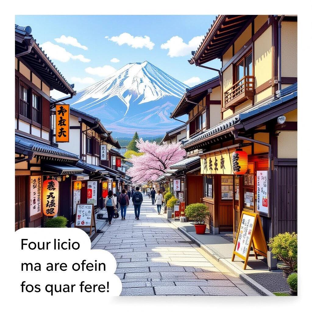 Illustration of a traditional Japanese street scene with cherry blossom trees. Mount Fuji in the background with clear blue sky. Cobblestone streets and classic wooden buildings.
