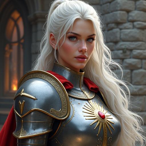 Portrait of a noble female paladin. Highly detailed digital painting. Long white hair in a ponytail. Serene yet determined face with blue eyes. Wearing polished full plate armor with gold trim and blue gemstones. Large pauldrons with a sunburst emblem. Crimson cape draped over her shoulders. Stone castle interior background with gothic window and distant fire.