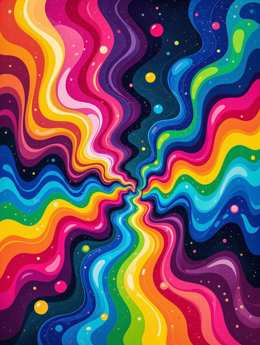 Colorful swirling abstract forms create a sense of movement. Bright neon colors dominate the scene. The design gives an overwhelming sensation similar to a sugar rush. The painting features a melting candy texture that enhances visual appeal. Glowing edges add depth and vibrancy. Digital medium creates sharpness.