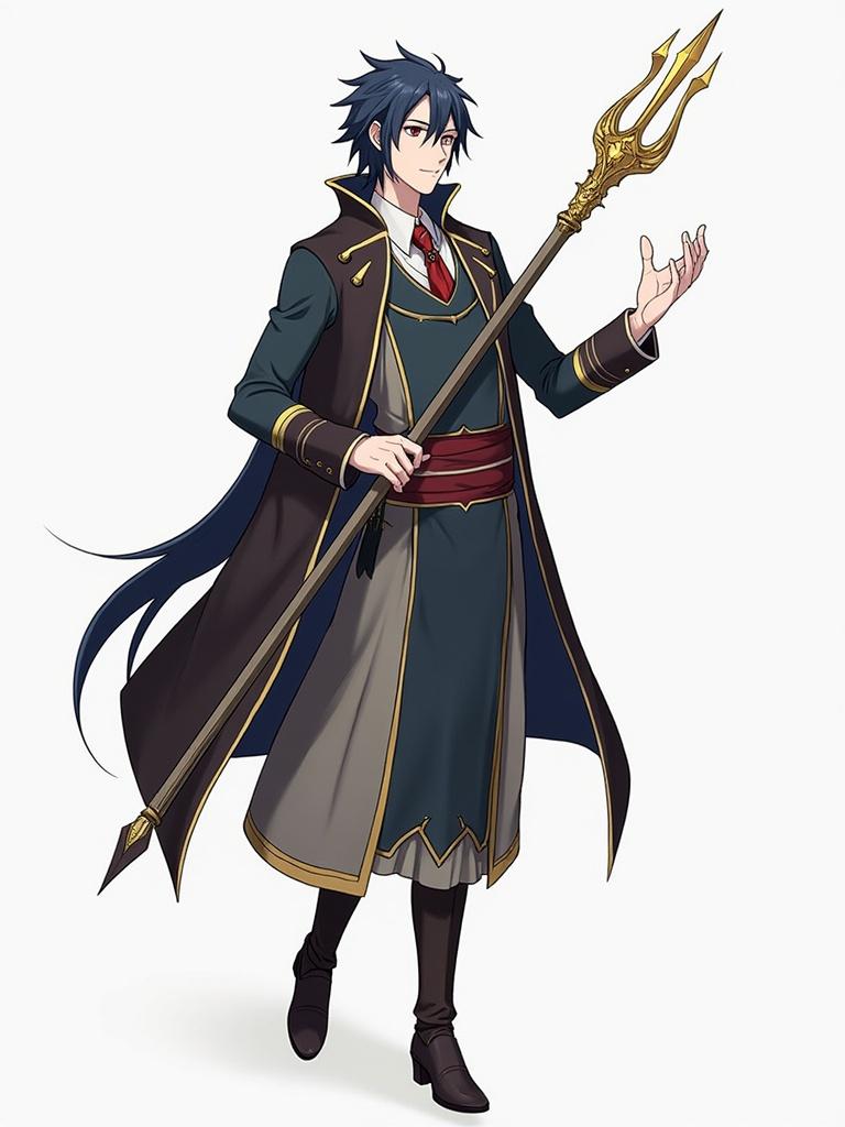 Illustration of a male character resembling a fantasy mage. The character wears an elaborate coat with ornate details. A long magical staff is held confidently in one hand. A feeling of authority and power emanates. Background is plain to emphasize the character's attire and stance.