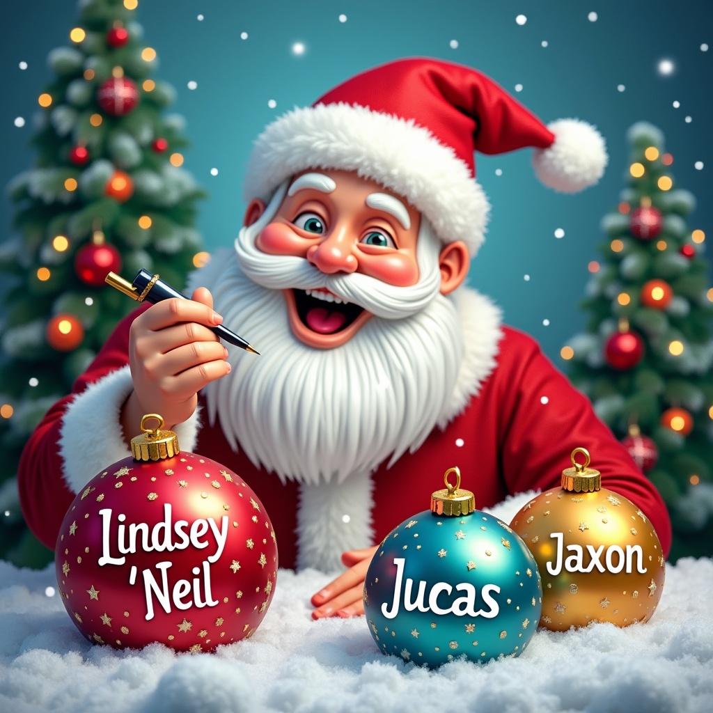 This image depicts Santa Claus joyfully writing names on colorful Christmas baubles. He is surrounded by a snowy backdrop decorated with festive greenery. The baubles feature the names 'Lindsey O'Neil,' 'Lucas,' and 'Jaxon.' Santa wears his traditional red suit and has a big cheerful smile. The colors are vibrant, enhancing the holiday spirit. This scene embodies the warmth and joy of the Christmas season, highlighting the theme of personalization during holidays.