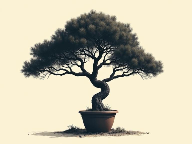 Modern screen printed poster art illustration of a miniature tree with a wide spreading shape. Realistic high contrast strong lighting. Very simple background. Tree has a highly asymmetric gnarled shape with long branches and rests in a simple clay pot.