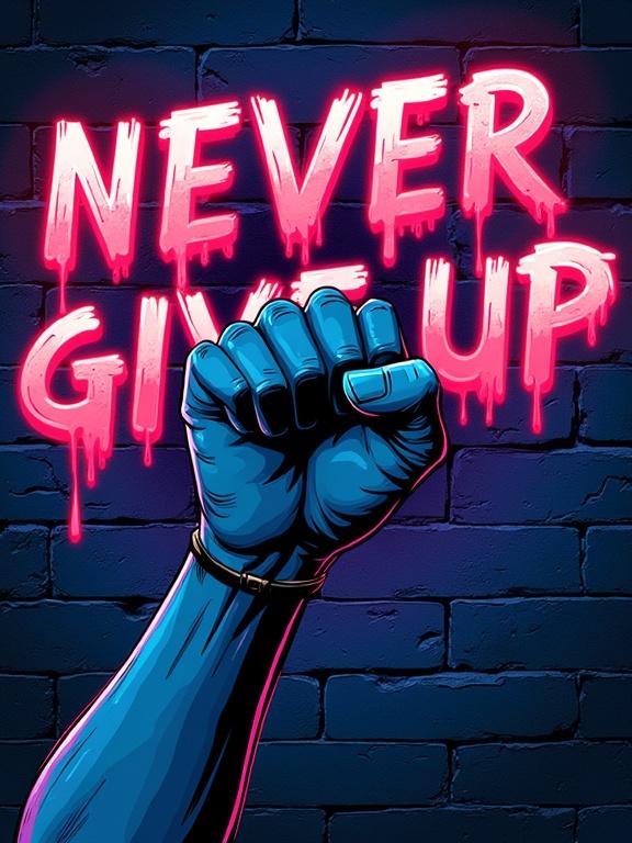 Gritty comic-book style illustration featuring a clenched fist in defiance with blue and purple highlights. Background shows bold neon-red graffiti words 'NEVER GIVE UP' dripping paint. Dark stone block background adds texture of urban decay. High-contrast cyberpunk lighting enhances rebellious energy. High-res digital art suitable for motivational purposes.