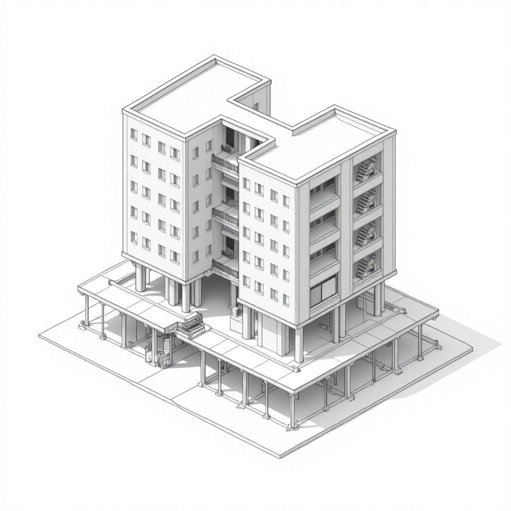 This image represents an architectural design for a middle-rise building consisting of two main parts: a 3-storey parking structure and a 7-storey office tower. The parking building has dimensions of 40x55 meters, and the office tower measures 40x40 meters. Key architectural elements include a parking ramp with a 12% gradient for efficient vehicle access and vertical transportation systems, including lifts and emergency stairs. The design emphasizes accessibility, safety, and efficient space usage. Detailed sections and floor plans would provide further insight into the structural layout and transportation systems employed in the building.