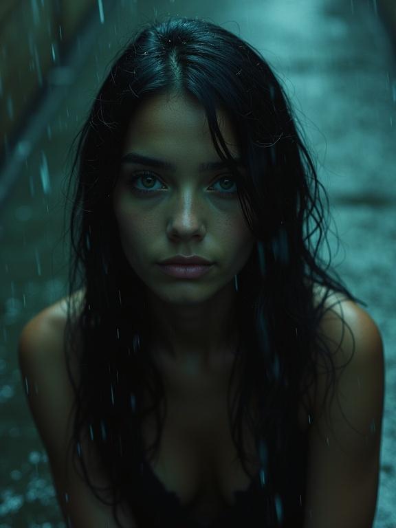 Kodak pinhole style photograph of a beautiful woman with rich black hair and vibrant dark teal eyes. Woman sits on the floor in the rain with dark heavy precipitation. The image uses shallow depth of field during the night. The shot is from below, capturing a worms eye view perspective.