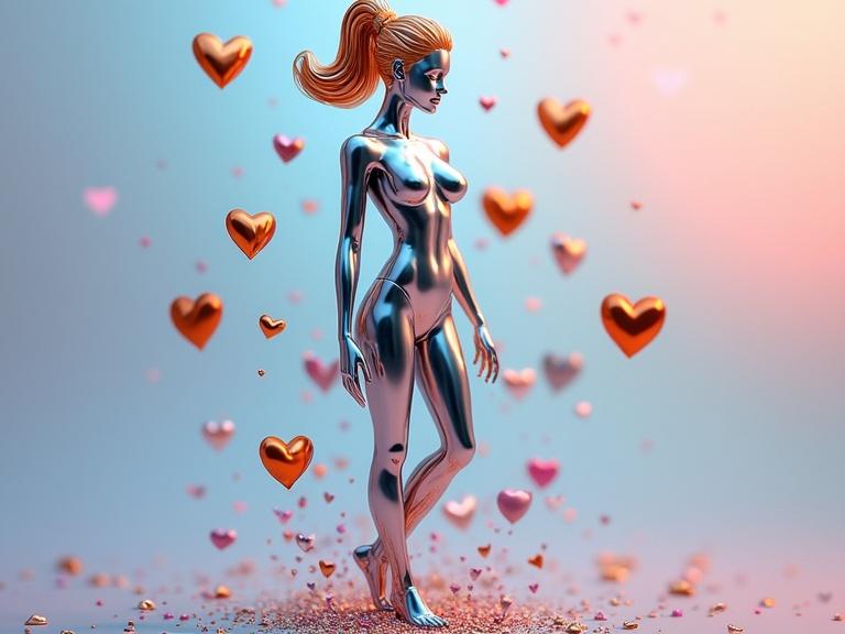 A sleek metallic female figure stands on a polished surface. The figure exhibits a harmonious blend of colors with a shiny metallic finish. Surrounding hearts vary in size and color, creating an organic mesh. The background features soft pastels enhancing the composition.