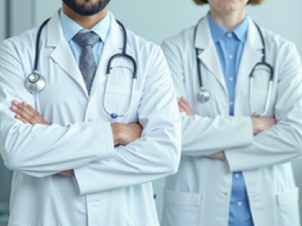 Global Medicine and healthcare concept. The image shows a doctor in a clinic setting holding a stethoscope. The doctor is dressed in a white coat and a patterned tie, with their arms crossed. The background is softly blurred, depicting a medical environment with a clean, professional appearance. The focus is on the doctor, symbolizing care and professionalism in healthcare.