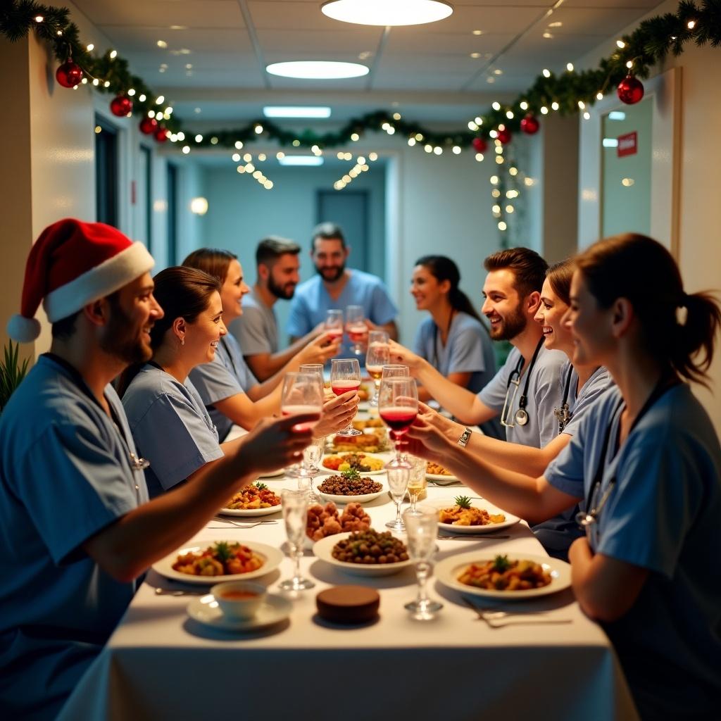 The image features a festive Christmas dinner party set in a hospital environment, showcasing medical doctors in blue scrubs. They are gathered around a long table adorned with a variety of delicious food and drinks, creating a warm atmosphere. The guests are happily toasting with drinks, and the room is decorated with Christmas lights and ornaments. This scene highlights the bond among healthcare professionals during the holiday season. It's a celebration of teamwork and camaraderie despite their demanding schedules. The overall mood is joyful and festive, reflecting a sense of community and celebration.