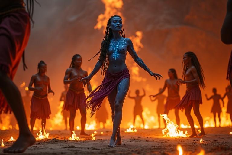 Dancers gather around a circle of torches in a Fire Clan village. Kaari with radiant blue skin moves gracefully, surrounded by chanting and drums. Females with red skin dance in rhythm, creating fiery shadows against cliffs.