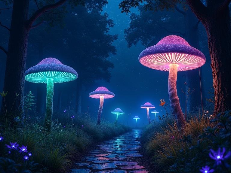 Nighttime trail with large bioluminescent mushrooms illuminating the path. Blue green and violet glows create dreamlike ambiance. Night creatures with glowing eyes hide in shadows. Trees are adorned with dew-covered cobwebs reflecting light. Sky shows unfamiliar constellations.