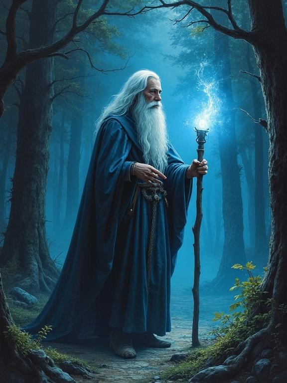 Chalk illustration of a wizard in a dark forest with a staff casting eerie blue light.