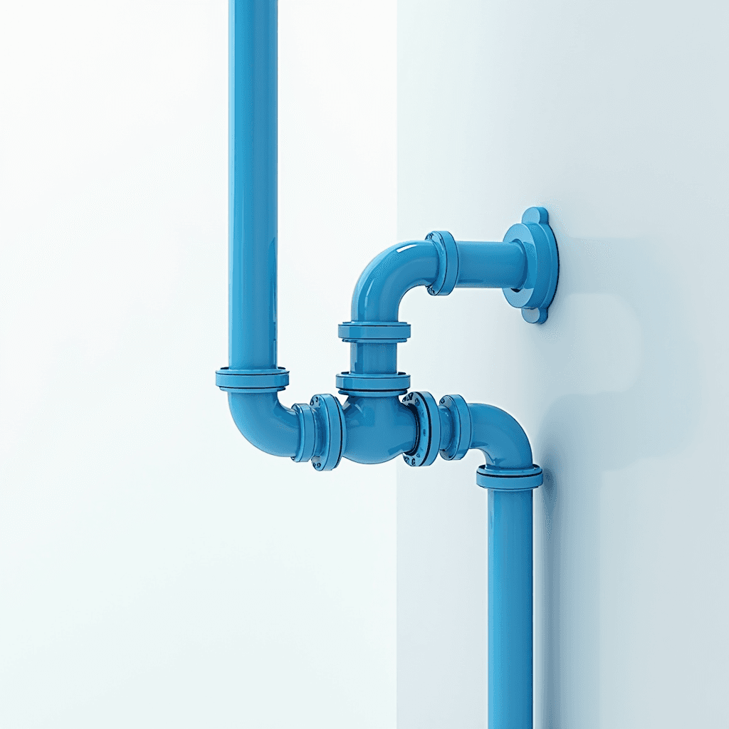 A series of bright blue pipes connected at right angles against a white wall.