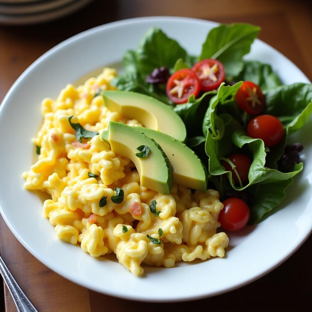 This image showcases a delicious plate of scrambled eggs, perfectly cooked to a fluffy texture. Slices of ripe avocado adorn the dish, adding a creamy contrast to the vibrant yellow eggs. Accompanying the eggs is a fresh site salad, featuring a mix of greens and cherry tomatoes. The colors in this meal are vibrant, making it visually appealing. It's an ideal choice for a healthy breakfast or brunch.