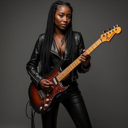 A beautiful black woman with impressive style plays electric bass. Long braids adorned with silver beads sparkle. She wears tight black leather pants, knee-high boots, and a bomber jacket with classic metal band patches. Plays confidently with closed eyes, immersed in the music.